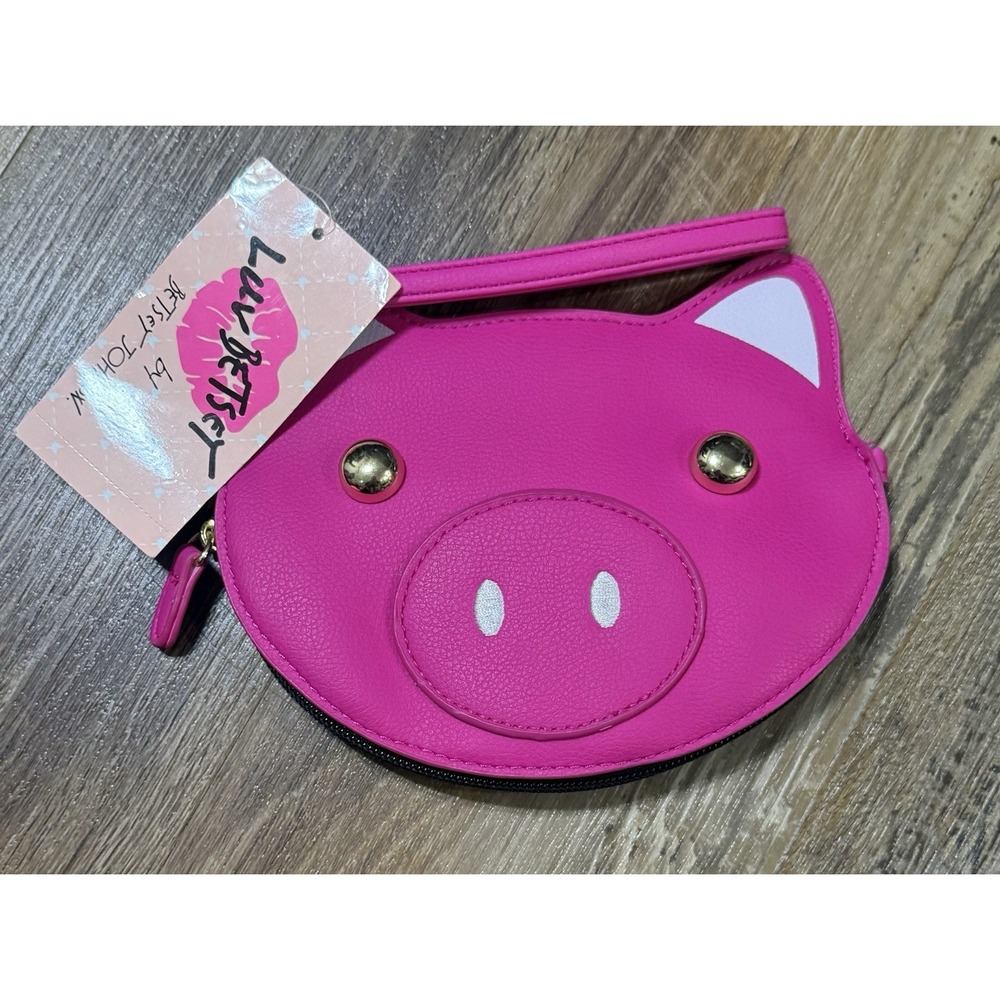 Luv Betsey Johnson Piggy Wristlet Coin Purse Fuchsia Animal Zip 5.5inx7in NWT
